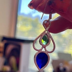 Sapphire/green tourmaline sterling silver earrings India upside down hearts